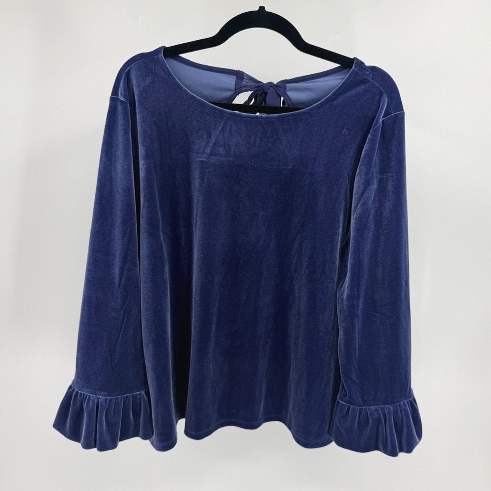 Talbots XL Blue Velvet Ruffle Cuff Tie Back Blouse Top Elegant NWT Bow Classy